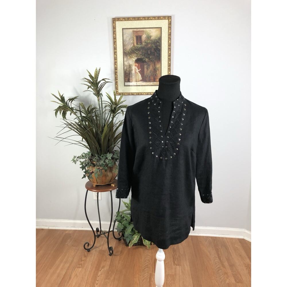 Madison Women's Size Small Black Henley Popover Shirt 100% Linen Preppy Academia